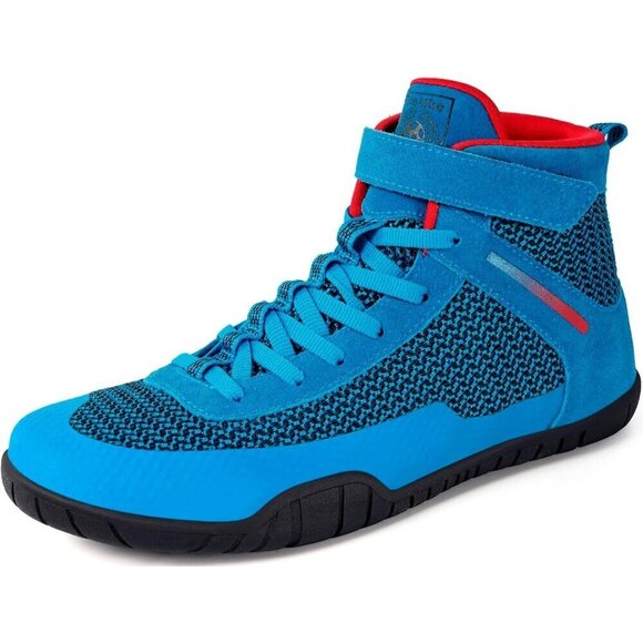 ?Men Blue Wrestling Shoe Boxing Shoes High Top Fitness Zero Drop Sole Sneakers